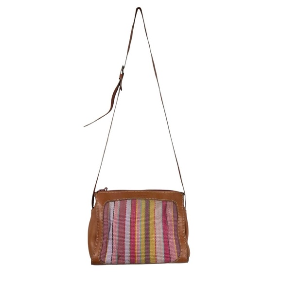 MALINCHE Crossbody Purse Tan Leather with Colorful Pastel Cloth Panel - Picture 2 of 13